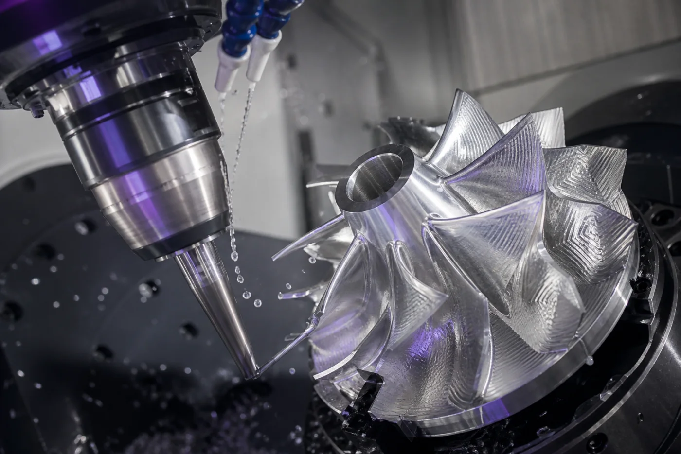 Close view of five-axis machining on an aluminum impeller