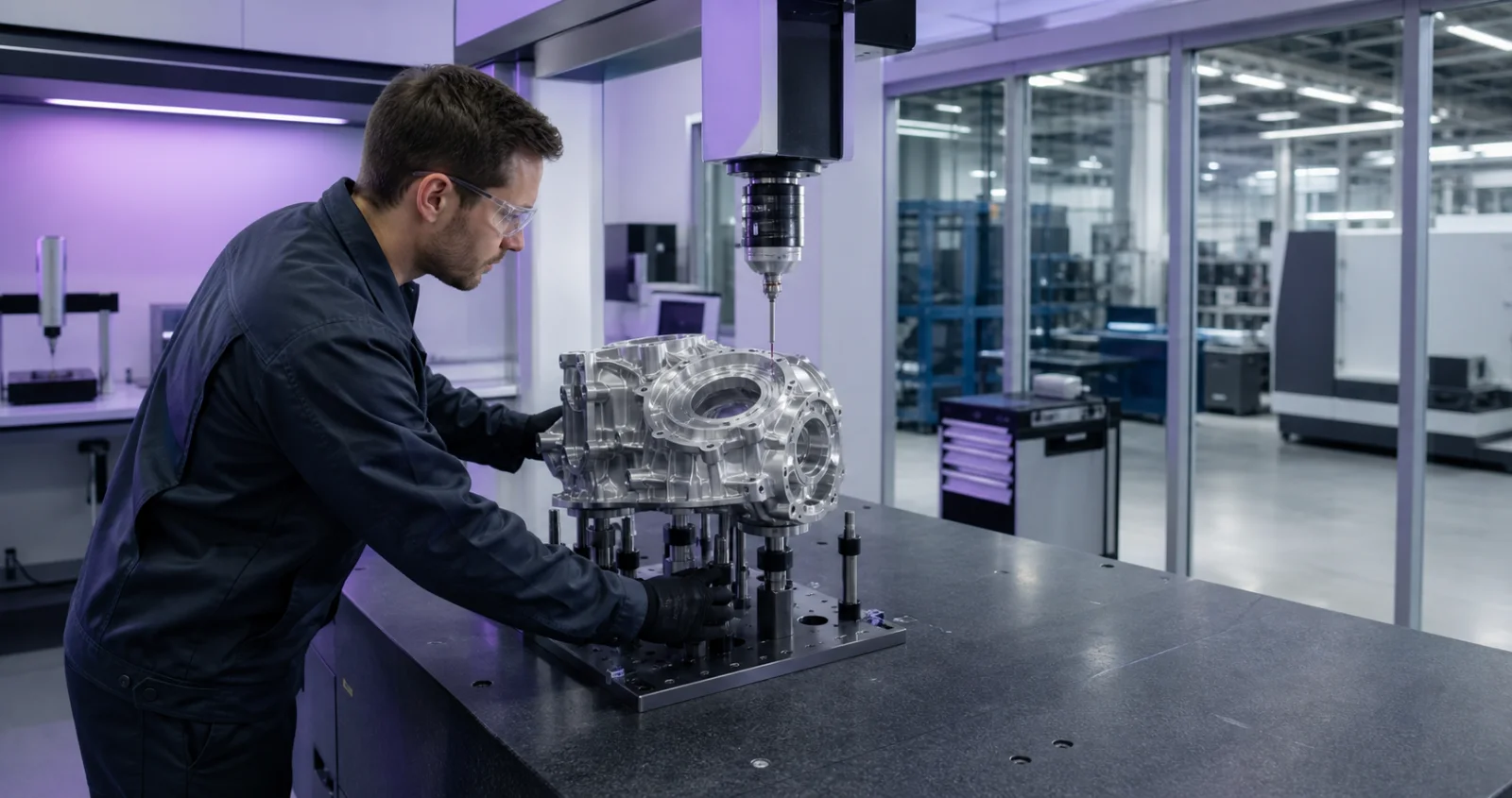 Quality engineer inspecting a precision component on a coordinate measuring machine